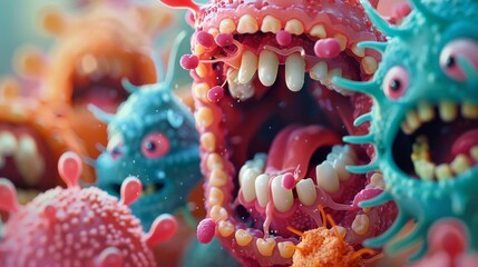 3D journey of a group of bacteria characters navigating through the oral cavity,  to educate on comprehensive oral care
 - obrazy, fototapety, plakaty