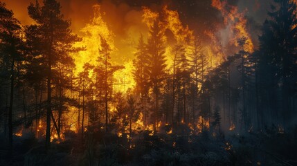 Forest fire in progress. Composite with different 