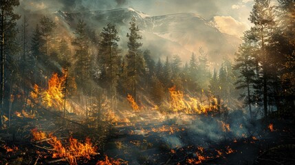 Forest fire in progress. Composite with different 