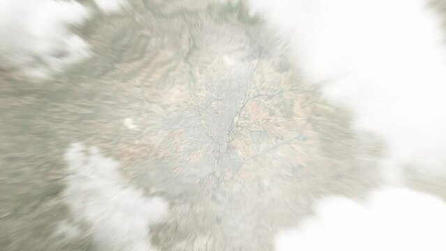 Earth zoom in from space to Az Zarqa', Jordan. Followed by zoom out through clouds and atmosphere into space. Satellite view. Travel intro. Images from NASA