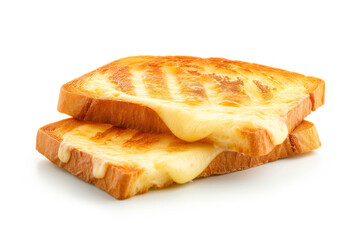 A close-up view of two slices of delicious grilled cheese bread, golden brown, topped with fresh green parsley, isolated on a white background.