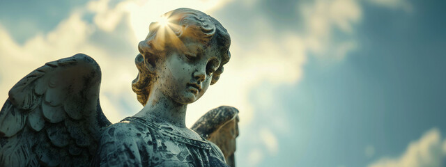 Angel statue against sunshine, cloudy sky christian concept.