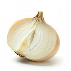 A large white onion with a pink tip is cut in half. The inside of the onion is white and the outside is brown