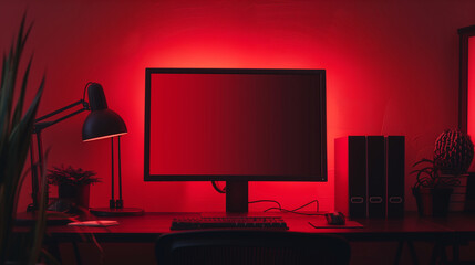 Home office setup with red ambient lighting.