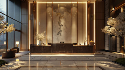 An evening charm envelops the lobby, with gentle lighting accentuating the reception desk and enhancing the opulent textures of the decor, exuding an air of refined luxury. - obrazy, fototapety, plakaty