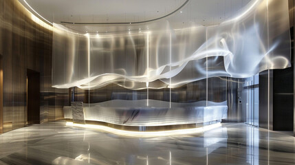 Architectural marvel in the lobby, featuring a reception desk of translucent materials reflecting light and creating an ethereal ambiance. - obrazy, fototapety, plakaty