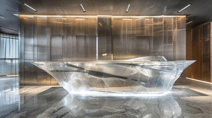 Architectural marvel in the lobby, featuring a reception desk of translucent materials reflecting light and creating an ethereal ambiance. - obrazy, fototapety, plakaty
