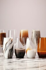 Glasses with different sorts of drinks on a white background.