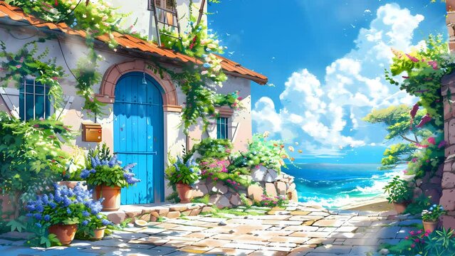 Whimsical painting of a coastal cottage featuring a blue door and a scenic pathway leading to the ocean. Seamless Looping 4k Video Animation