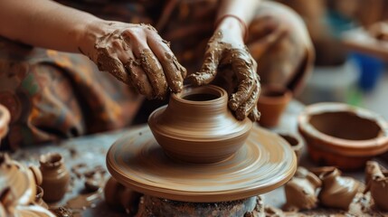 Pottery at Home: Someone shaping clay on a small pottery wheel in a home setting, 
