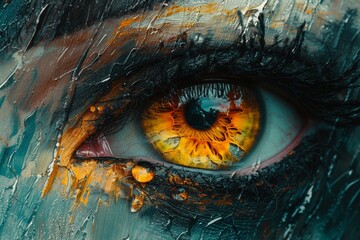 Close up of woman's eye with yellow iris and rain drops beauty, nature and emotion concept art