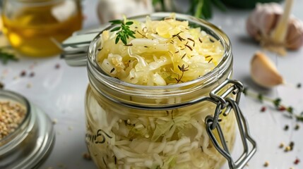 Probiotic food. Pickled or fermented vegetables. Sauerkraut in glass jar on a light background. 