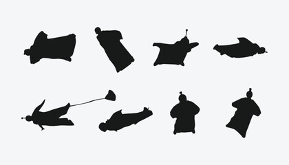 silhouette set of wingsuit flying, sky dive, extreme sport. vector illustration. - obrazy, fototapety, plakaty