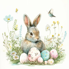 Watercolor Painting of Rabbit with Easter Eggs, Spring Floral Background