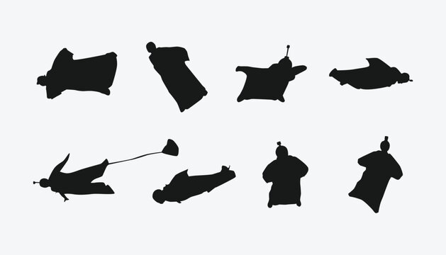 silhouette set of wingsuit flying, sky dive, extreme sport. vector illustration.