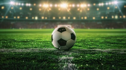 Obraz premium Soccer Ball in a Stadium with Lights. A classic black and white soccer ball on green grass in the center of a stadium,