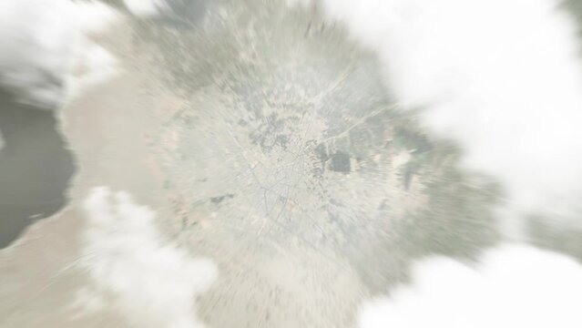 Earth zoom in from space to Karbala', Iraq. Followed by zoom out through clouds and atmosphere into space. Satellite view. Travel intro. Images from NASA