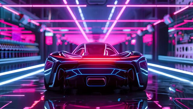 Futuristic car in a neon-lit corridor
