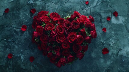 Red roses arranged in a heart shape on a dark blue stone background.