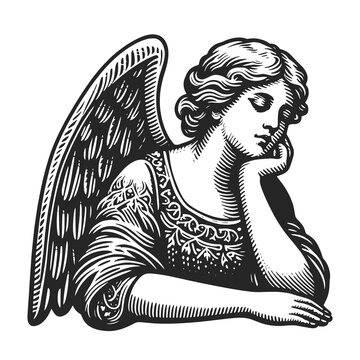Pensive bored angel sketch engraving generative ai fictional character raster illustration. Scratch board imitation. Black and white image.