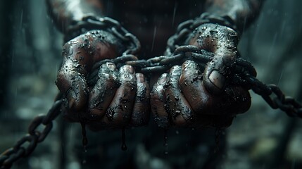 slave bound hands in chains under rain symbolizing struggle for freedom - Powered by Adobe