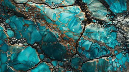 This is a close-up image of a turquoise gemstone with copper inclusions. - obrazy, fototapety, plakaty