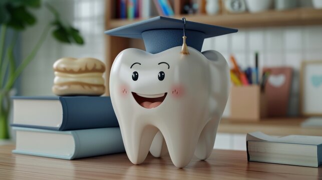 Illustrate a tooth character in close-up, wearing a graduation cap, next to educational dental care books and a diploma, promoting the idea of learning about oral health, vibrant color