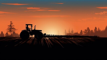 Fototapeta premium sIlhouette of farmer on tractor fixed with harrow plowing machine 