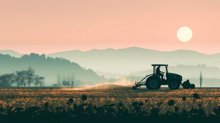 sIlhouette of farmer on tractor fixed with harrow plowing machine
 - obrazy, fototapety, plakaty