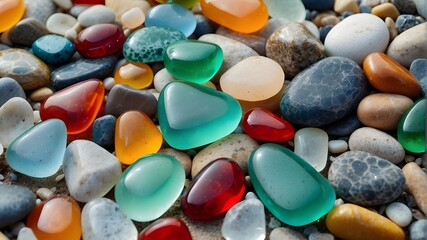 vibrant jewels on the shore. Sea glass with a grainy polish and stones near the shore,  Close-up view of multicolored sea pebbles set in sparkling green and blue glass. Summer beach background