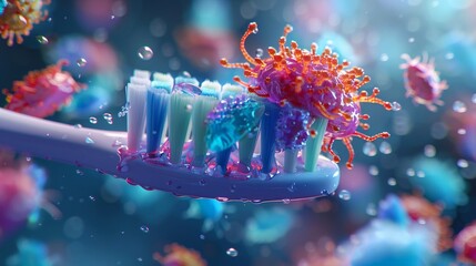 Visualize a 3D close-up of bacteria characters dancing on a toothbrush head, then being rinsed away, to show the importance of cleaning your toothbrush, vibrant color - obrazy, fototapety, plakaty
