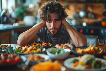Thinking man at table with lot of dishes. Man planning his diet. Concept of week meal prep.