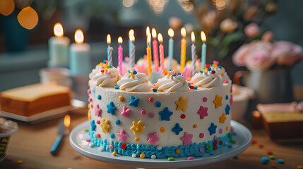 A birthday cake, with colorful candles as the background, during a joyous celebration - obrazy, fototapety, plakaty