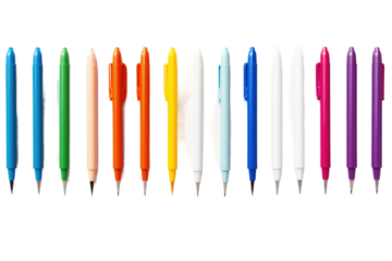 Row of Different Colored Pens. On a Clear PNG or White Background.