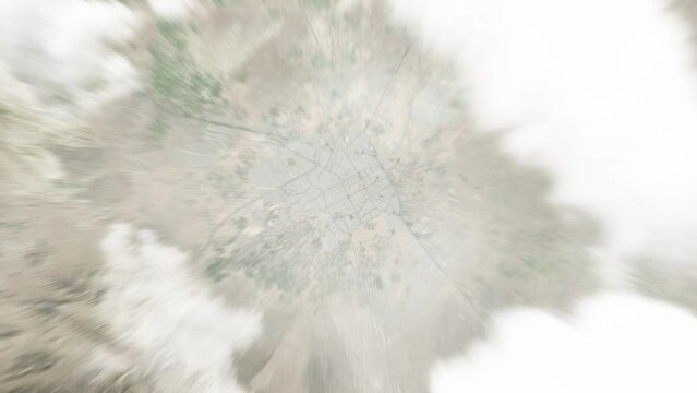 Earth zoom in from space to Kashan, Iran. Followed by zoom out through clouds and atmosphere into space. Satellite view. Travel intro. Images from NASA