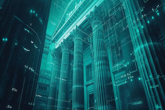 Futuristic building with columns and data projection on wall in front, representing modern technology and architecture concept