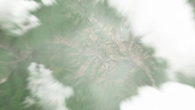 Earth zoom in from space to Kapan, Armenia. Followed by zoom out through clouds and atmosphere into space. Satellite view. Travel intro. Images from NASA