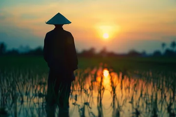 Fotobehang Farmer in rice field © Wongstorn