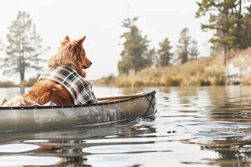 Man and Dog Enjoying Peaceful Canoe Trip on Serene Lake