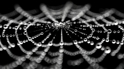 The intricate patterns of a spider's web, glistening with dewdrops in the soft morning light, a delicate masterpiece woven with precision and skill.