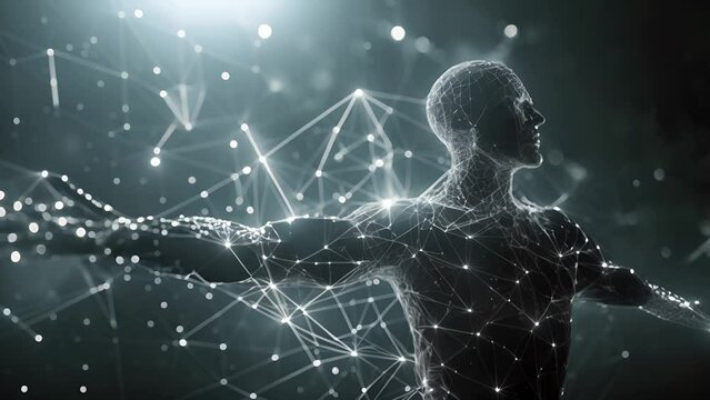A digital human silhouette outlined with network connections in blue light, depicting the concept of strength, interconnectivity, and the robust nature of the digital age.