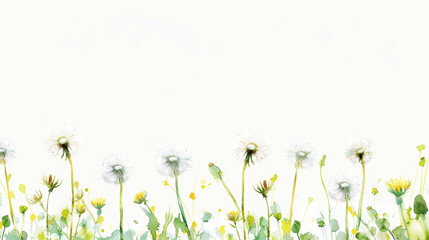 Hand Painted watercolor dandelions against a white background. Copy space. Aesthetic minimalist template. Generative AI