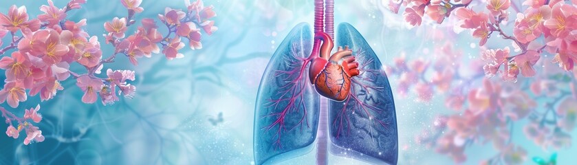 Lungs and heart in harmonious design emphasizing health care on a banner with a peaceful - obrazy, fototapety, plakaty