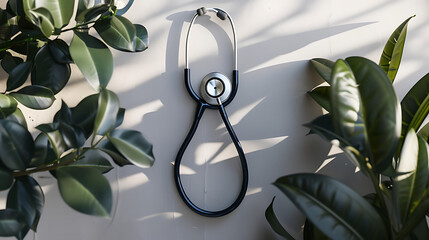A stethoscope on a grey background with green leaves, Medical and wellness background with nature, Healthy lifestyle