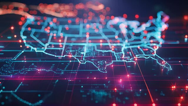 A sophisticated 3D animation of a digital map of the USA, displaying interconnected data lines and glowing nodes across the country. It symbolizes the connectivity and technological advancement