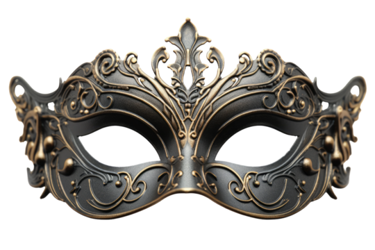 Black Masquerade Mask With Gold Filigree. On a Clear PNG or White Background.