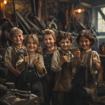 Group of children doing their dream job as Blacksmiths standing inside the blacksmith workshop. Concept of Creativity, Happiness, Dream come true and Teamwork.