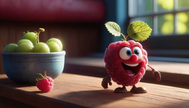 An animated raspberry character waves excitedly, set against a bowl of green grapes. The warmth of the scene is enriched by soft lighting and the raspberry's vibrant color. AI generation