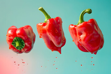 Vibrant red chili peppers levitating on an blue gradient background