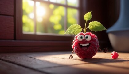A whimsical raspberry character stands by a window, greeting the morning sun with a smile. Its plump, juicy body and sprightly green leaves cast a playful shadow on the wooden surface. AI generation